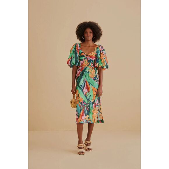 Farm Rio Womens Banana Foliage Puff-Sleeve Cotton Voile Midi-Dress Multicolor XS - Picture 1 of 13
